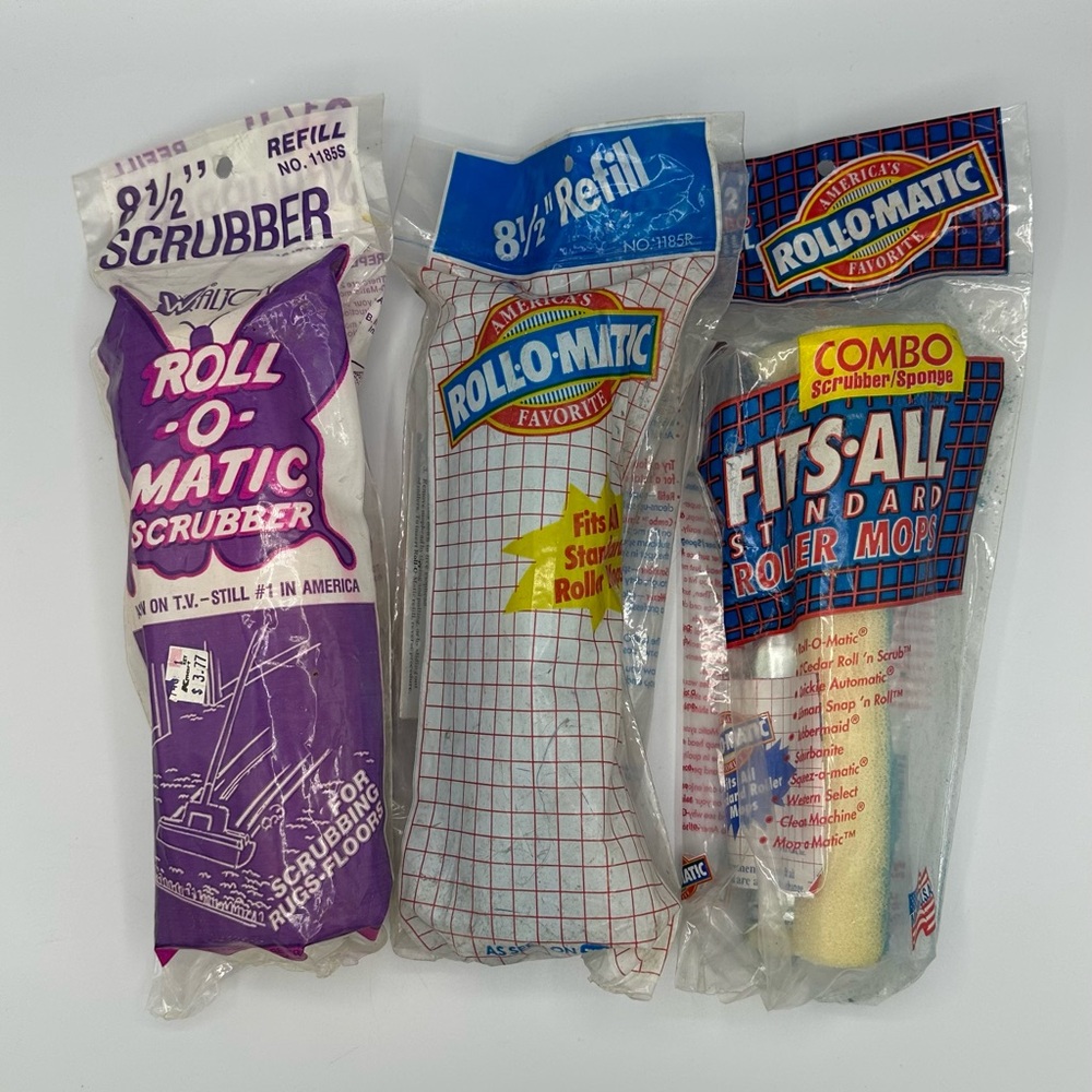 Roll O Matic Roller Mop Refills Lot Of 3 Different Scrubber Sponge  8 1/2” New